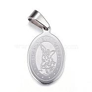 304 Stainless Steel Pendants, Oval with Archangel Michael, Stainless Steel Color, 21x13x1.5mm, Hole: 4x7mm(STAS-G102-38P)