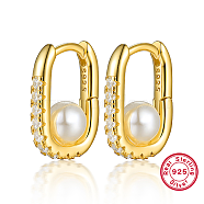 925 Sterling Silver Rhinestone Oval Hoop Earrings, with Imitation Pearl, with S925 Stamp, Real 18K Gold Plated, 14x10mm(XF7711-1)