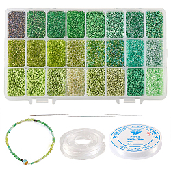 480g 24 Colors 12/0 Glass Round Seed Beads, Silver Lined Round Hole, with 1Pc Beading Needles and 2 Rolls Elastic Crystal Thread, Green, 2mm, 20g/color(SEED-CJ0001-09)
