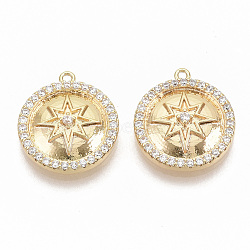 Brass Micro Pave Cubic Zirconia Pendants, Nickel Free, Real 18K Gold Plated, Flat Round and Star, Clear, 16.5x14.5x3.5mm, Hole: 1mm(ZIRC-T011-01G-NF)