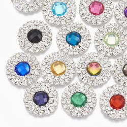 Acrylic Rhinestone Cabochons, with Brass Rhinestone Findings, Faceted, Flat Round, Silver Color Plated, Mixed Color, 19x4mm(RB-T008-09S)
