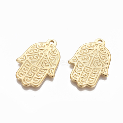 PVD Vacuum Plating 304 Stainless Steel Pendants, Hamsa Hand/Hand of Fatima /Hand of Miriam, Golden, 42.5x28.5x2.3mm, Hole: 2.7mm(STAS-I105-08G)