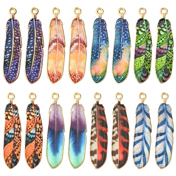 16Pcs 8 Styles Alloy Enamel Pendants, Golden, Feather Charm, Mixed Color, 38x8.5x1.5mm, Hole: 1.6mm, 2pcs/style