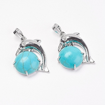 Synthetic Turquoise Pendants, with Brass Findings, Dolphin, Platinum, 30x23x8mm, Hole: 5x8mm