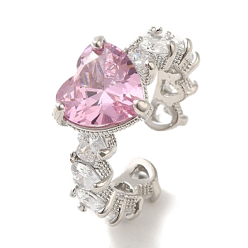 Brass Micro Pave Cubic Zirconia Rings for Women, with Glass, Long-Lasting Plated, Heart, Pink, Adjustable