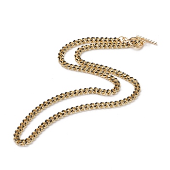 Brass Curb Chain Necklaces, with Enamel and 304 Stainless Steel Toggle Clasps, Real 18K Gold Plated, Black, 17.91~18.11 inch(45.5~46cm)