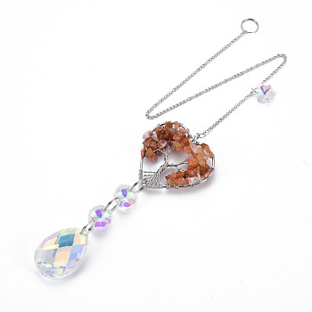 Natural Red Agate Big Pendants, with Platinum Brass Chain Extender and Findings, Plating Glass Teardrop & Flower, Clear AB Color, Heart with Tree of Life, 130mm, Hole: 4mm