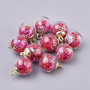 Transparent Glass Globe Pendant, with Heart Glitter Sequins inside and CCB Plastic Cup Peg Bails, Round, Golden, Cerise, 21.5x16mm, Hole: 2.5mm