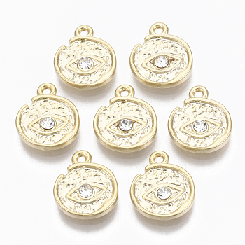 Alloy Charms, with Crystal Rhinestone, Cadmium Free & Nickel Free & Lead Free, Hammered, Flat Round with Eye, Real 18K Gold Plated, 14.5x12x3mm, Hole: 1.5mm