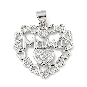 Mother's Day Theme Rack Plating Brass Micro Pave Cubic Zirconia Pendants, Long-Lasting Plated, Lead Free & Cadmium Free, Heart, 22x21x2mm, Hole: 5x3mm
