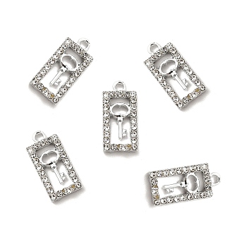 Alloy Rhinestone Pendants, Platinum Tone Hollow Out Rectangle with Key Charms, Crystal, 18x8.5x2.2mm, Hole: 1.6mm