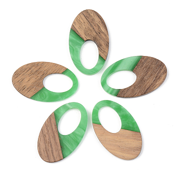 Opaque Resin & Walnut Wood Pendants, Oval, Green, 35.5x21.5x3mm, Hole: 16x10mm