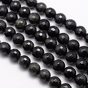 Natural Obsidian Beads Strands, Faceted, Round, Black, 6mm, Hole: 1mm