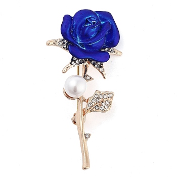 Valentine's Day Rose Zinc Alloy Crystal Rhinestone Brooches, Flower Enamel Pins for Women Men, Medium Blue, 56x28mm