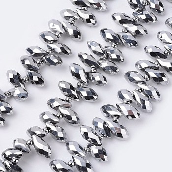 Electroplate Glass Beads Strands, Top Drilled Beads, Faceted, Teardrop, Silver Plated, 13x6mm