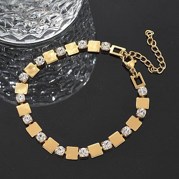 304 Stainless Steel Rhinestone Cup Chain Bracelets for Women, Square, Ion Plating(IP), Golden, 7 inch(17.7cm)