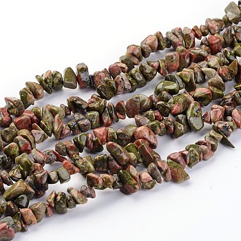 Natural Unakite Chips Beads Strands, 5~8mm, Hole: 0.3mm, 32 inch