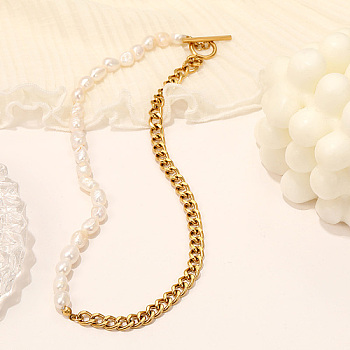 Natural Pearl Beaded Necklaces, with Stainless Steel Curb Chains, White, 17.72 inch(450mm)