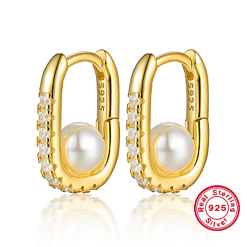 925 Sterling Silver Rhinestone Oval Hoop Earrings, with Imitation Pearl, with S925 Stamp, Real 18K Gold Plated, 14x10mm