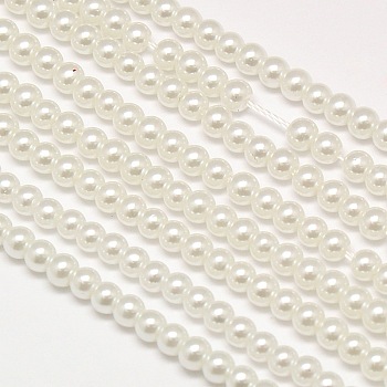 Eco-Friendly Dyed Glass Pearl Round Bead Strands, Cotton Cord Threaded, White, 4~4.5mm, Hole: 0.7~1.1mm, about 104pcs/strand, 15 inch
