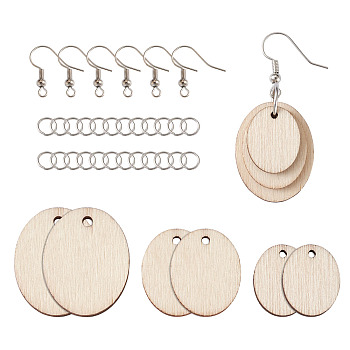 Yilisi DIY Unfinished Wooden Pendant Earring Making Kits, with Brass Earring Hooks, Oval, Platinum, Pendant: 17.5~26.5x14~21x2.5mm, Hole: 1.5~2mm, 150pcs/set