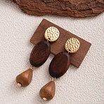 Wood & Iron Dangle Stud Earrings, Golden, Teardrop, 76x19mm(WGBF754-02)