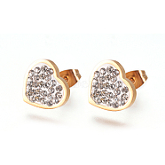 304 Stainless Steel Stud Earrings, with Crystal Rhinestone and Ear Nuts/Earring Back, Heart, Golden, 11x12x3mm, Pin: 0.8mm(EJEW-I231-04G)