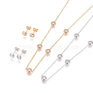 304 Stainless Steel Jewelry Sets, with Rhinestone, Cable Chains Necklaces and Stud Earrings, with Ear Nuts/Earring Back, Flat Round, Golden & Stainless Steel Color, 18.1 inch(46cm), 15.5x6.5x4mm, Pin: 0.7mm(SJEW-F213-02)
