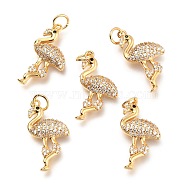Brass Micro Pave Clear Cubic Zirconia Pendants, with Jump Ring, Long-Lasting Plated, Flamingo, Real 18K Gold Plated, 22x12x3mm, Hole: 3.6mm(X1-ZIRC-J024-05G)