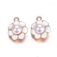 Light Gold Plated Alloy Enamel Pendants, with Acrylic Imitation Pearl, Flower, White, 20x16.5x8.5mm, Hole: 1.5mm(PALLOY-TAC0011-03)