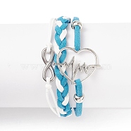 Alloy Heart Beat & 304 Stainless Steel Infinity Links Multi-strand Bracelet, Faux Suede Braided Tripel Layer Bracelet for Women, Deep Sky Blue, 7-1/4 inch(18.3cm)(BJEW-TA00190-04)