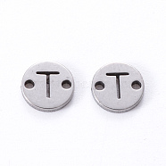 201 Stainless Steel Links, Laser Cut, Flat Round with Letter, Letter.T, 6x6x1mm, Hole: 0.8mm(STAS-R112-01T)