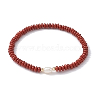 Natural Red Jasper Rondelle & Pearl Beaded Stretch Bracelets, Inner Diameter: 2-1/4 inch(5.8cm)(BJEW-JB09918-01)