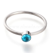 304 Stainless Steel Finger Rings, with Rhinestone, Flat Round, Stainless Steel Color, Blue Zircon, US Size 7~7 3/4(17.3~17.9mm)(RJEW-B0005-7-01P)