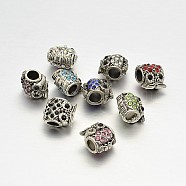 Owl Alloy Rhinestone European Beads, Large Hole Beads, Mixed Color, 12x10x9mm, Hole: 4.5mm(MPDL-N036-06)