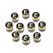 Alloy Enamel Beads, Cadmium Free & Lead Free, Light Gold, Flat Round with Alphabet, Black, Letter.E, 8x4mm, Hole: 1.5mm(ENAM-N052-006-02E-RS)