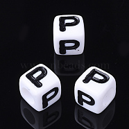 Acrylic Horizontal Hole Letter Beads, Cube, White, Letter P, Size: about 7mm wide, 7mm long, 7mm high, hole: 3.5mm, about 200pcs/50g(X-PL37C9129-P)
