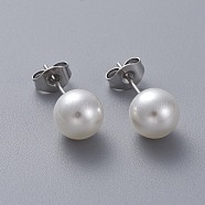 Plastic Imitation Pearl Stud Earrings, with 304 Stainless Steel Pins and Ear Nuts, Round Ball, Stainless Steel Color, 8mm, Pin: 0.6mm, 6pairs/card(STAS-D0001-03-P)