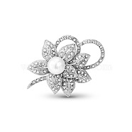 SHEGRACE Gorgeous Alloy Electroplating Safety Brooch, Micro Pave Czech Diamond Cherry Blossom with Shell Pearl, Silver Color Plated, 57x39mm(JBR010A)