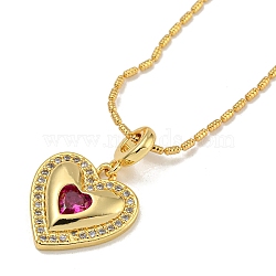 Brass Pave Cubic Zirconia Peach Heart Pendant Necklaces for Women, Real 18K Gold Plated, Hot Pink, 16.93 inch(43cm)(NJEW-Q346-03G-02)