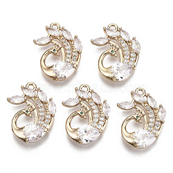 Brass Micro Pave Cubic Zirconia Pendants, Long-Lasting Plated, Peacock, Light Gold, Clear, 24.5x19x3mm, Hole: 1.8mm(KK-R111-039)