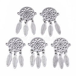 201 Stainless Steel Links Connectors, Laser Cut, Woven Net/Web with Feather, Stainless Steel Color, 34x19x1mm, Hole: 1.4mm(STAS-N091-126)