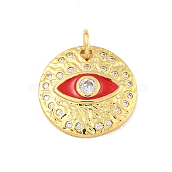 Rack Plating Brass Micro Pave Cubic Zirconia Pendants, Long-Lasting Plated, Cadmium Free & Lead Free, with Enamel, Flat Round & Eye, with Jump Rings, Real 18K Gold Plated, Red, 18x3.5mm, Hole: 4mm(KK-P277-26G-03)