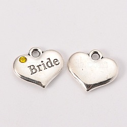 Wedding Theme Antique Silver Tone Tibetan Style Heart with Bride Rhinestone Charms, Cadmium Free & Lead Free, Citrine, 14x16x3mm, Hole: 2mm(TIBEP-N005-12B)