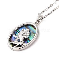 201 Stainless Steel Pendants Necklace for Women, with Shell, Stainless Steel Color, Oval with Rose, 15.35 inch(39cm)(NJEW-B110-02P)