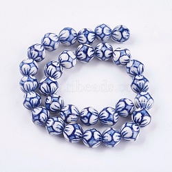 Handmade Blue and White Porcelain Beads, Round with Flower, Medium Blue, 12~12.5mm, Hole: 2mm(PORC-G002-30)