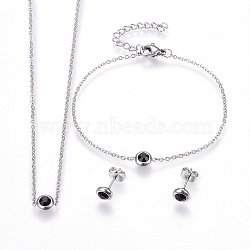 304 Stainless Steel Jewelry Sets, Pendant Necklaces & Stud Earrings & Bracelets, with Rhinestones, Flat Round, Black, Stainless Steel Color, 16.54 inch(42cm), 6-3/4 inch(17cm), 6.5x3.5mm, Pin: 0.8mm(SJEW-H144-24C-P)