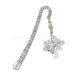 Natural Malaysia Jade & Green Aventurine Beaded Pendant Bookmarks with Alloy Tree of Life, Flower Pattern Hook Bookmarks, Antique Silver, 123.5x21x2.5mm, Pendant: 67.5x37x5.5mm(AJEW-JK00255-02)