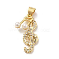Brass Micro Pave Cubic Zirconia Pendants, with Acrylic, Cadmium Free & Lead Free, Long-Lasting Plated, Musical Nota, Clear, Real 18K Gold Plated, 21.5x8.5x1.5mm, Hole: 4x3.5mm(KK-B059-06G)
