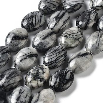 Natural Black Silk Stone/Netstone Beads Strands, Flat Oval, 17.5~18x12.5~13x6mm, Hole: 1.2mm, about 22pcs/strand, 15.55''(39.5cm)